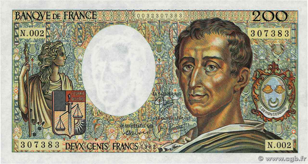 200 Francs MONTESQUIEU FRANCE  1981 F.70.01 SPL