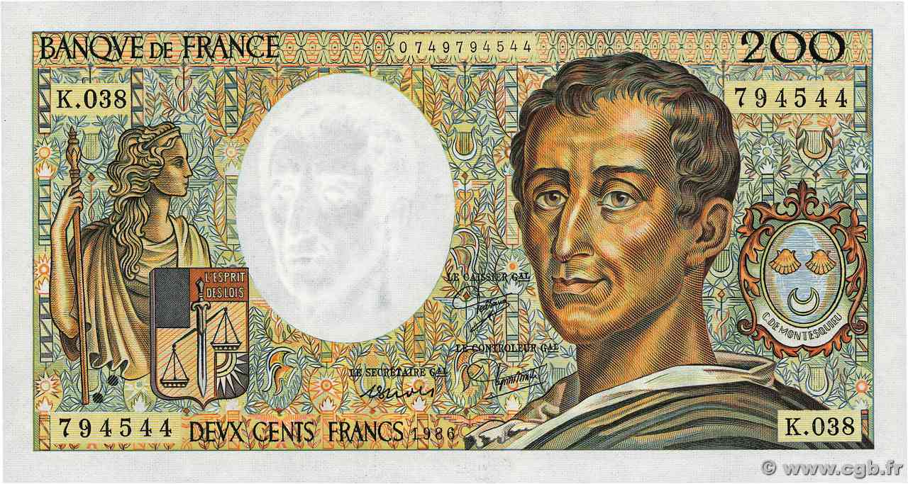 200 Francs MONTESQUIEU FRANCE  1986 F.70.06 pr.NEUF