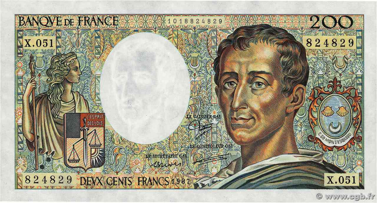 200 Francs MONTESQUIEU FRANCIA  1987 F.70.07 q.FDC