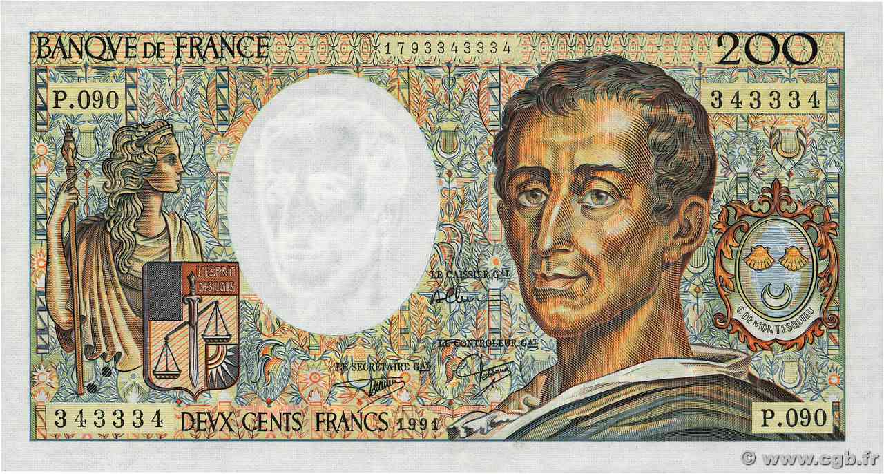 200 Francs MONTESQUIEU Numéro spécial FRANCIA  1991 F.70.11 FDC