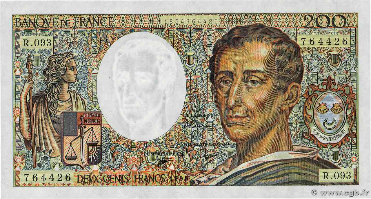 200 Francs MONTESQUIEU FRANCIA  1990 F.70.10b FDC