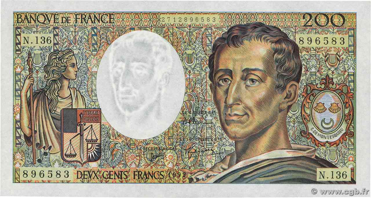 200 Francs MONTESQUIEU FRANCE  1992 F.70.12c NEUF