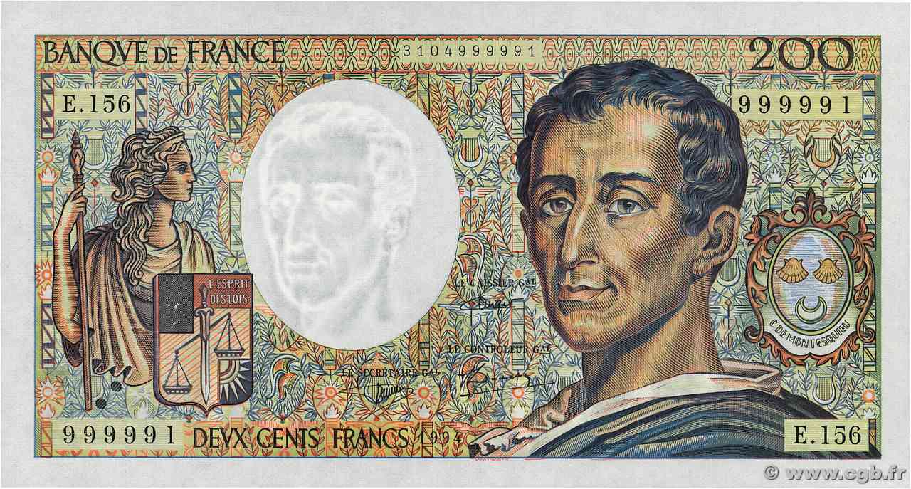 200 Francs MONTESQUIEU Modifié Numéro spécial FRANCIA  1994 F.70/2.01 FDC