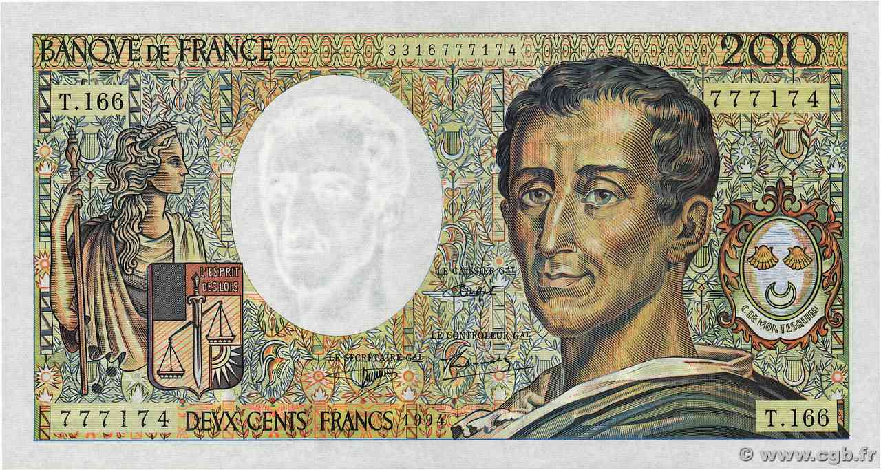200 Francs MONTESQUIEU Modifié FRANCIA  1994 F.70/2.01 FDC