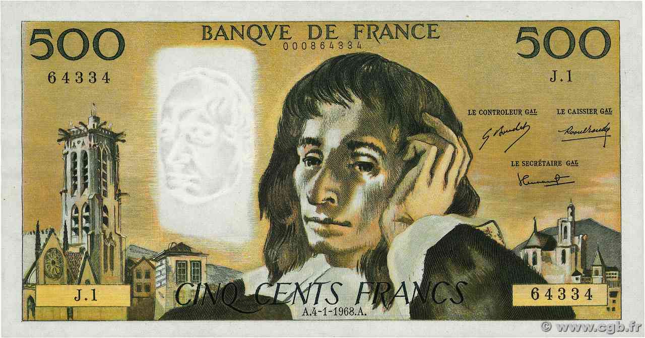 500 Francs PASCAL FRANCE  1968 F.71.01 SUP