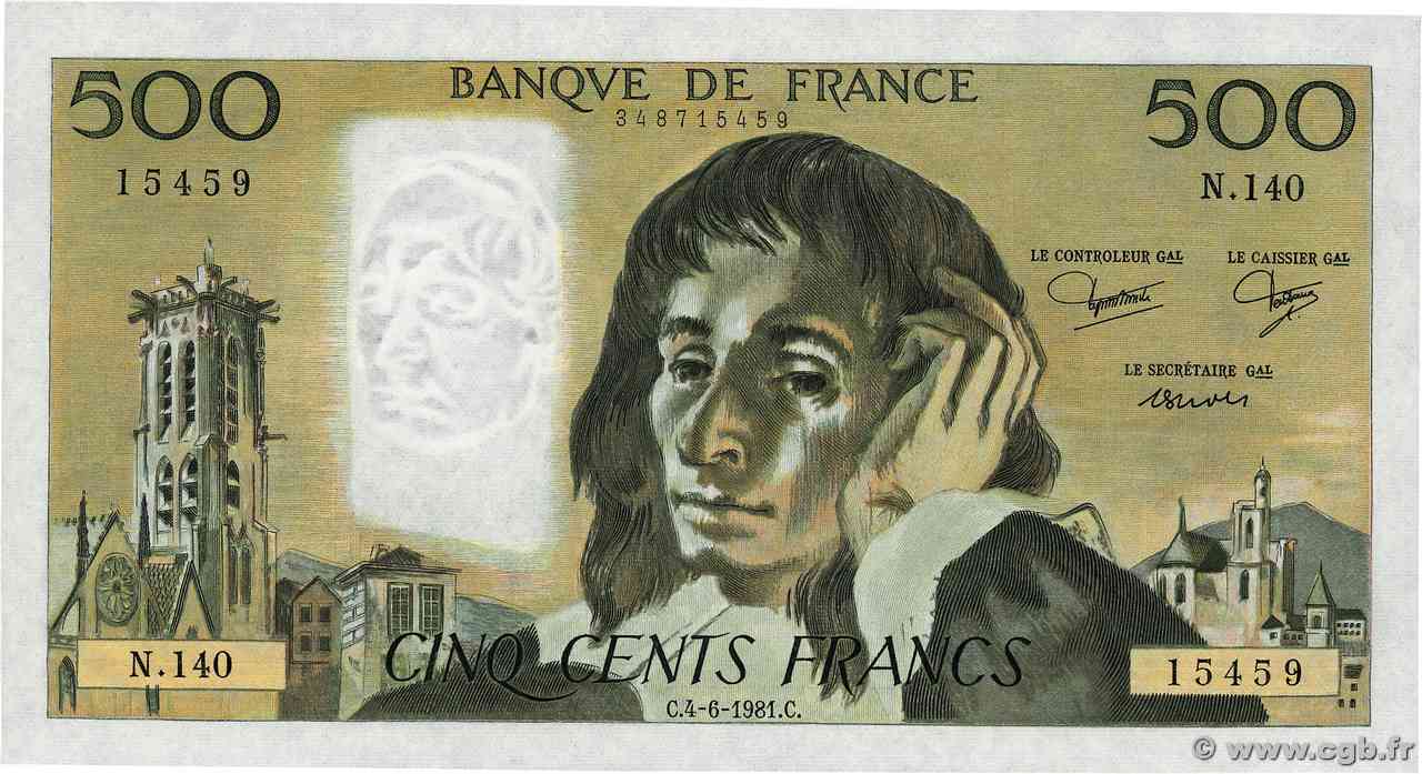 500 Francs PASCAL FRANCE  1981 F.71.24 UNC-
