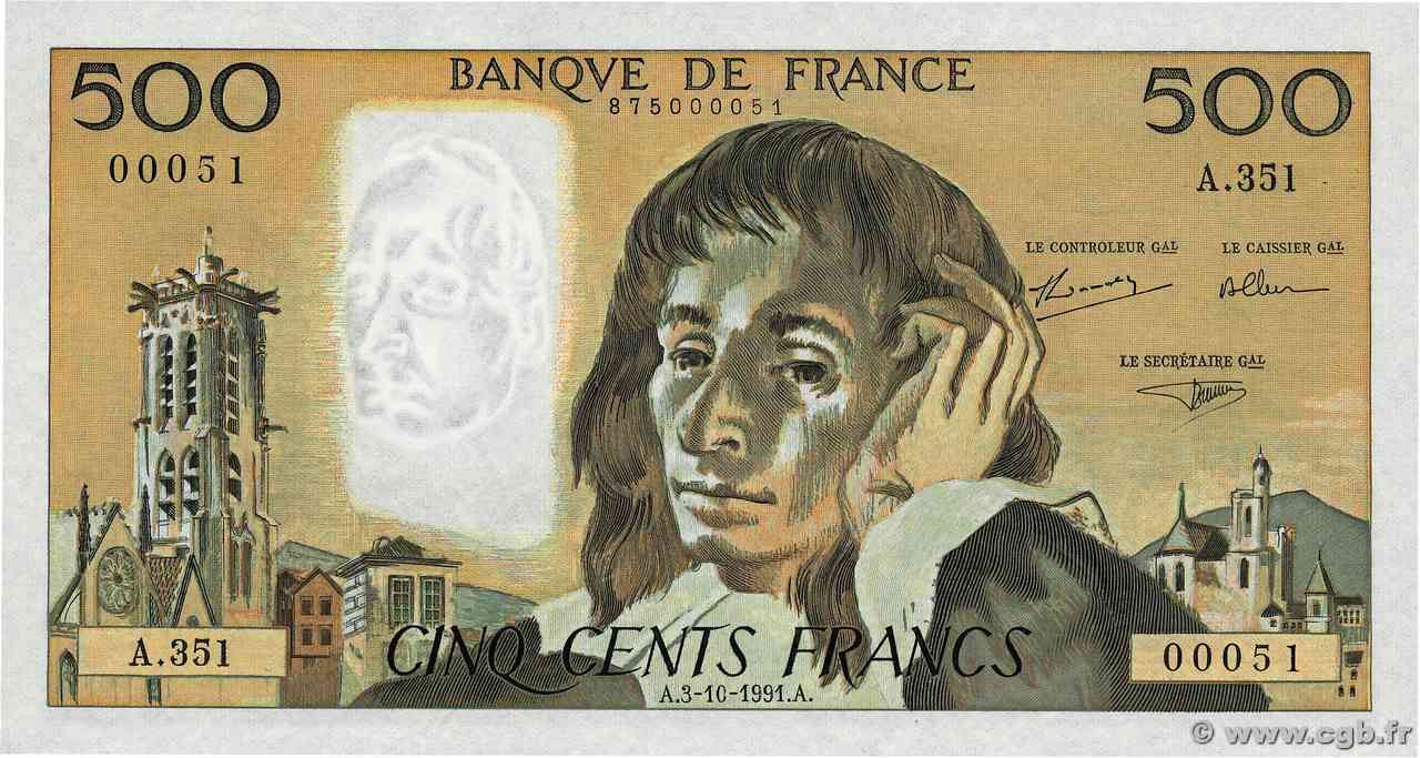 500 Francs PASCAL Petit numéro FRANCIA  1991 F.71.48A351 q.FDC