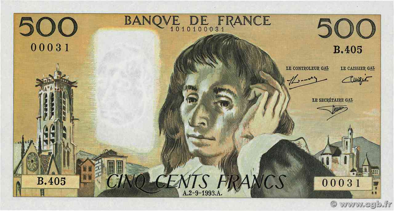 500 Francs PASCAL Petit numéro FRANKREICH  1993 F.71.52 fST+