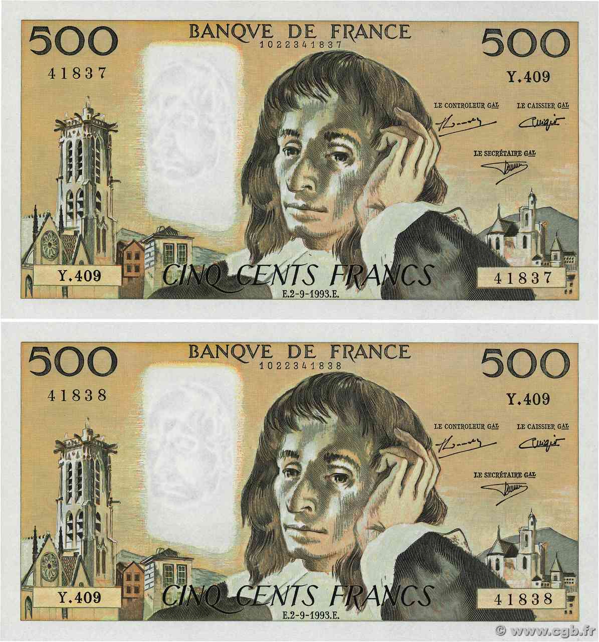 500 Francs PASCAL Consécutifs FRANCE  1993 F.71.52 pr.NEUF