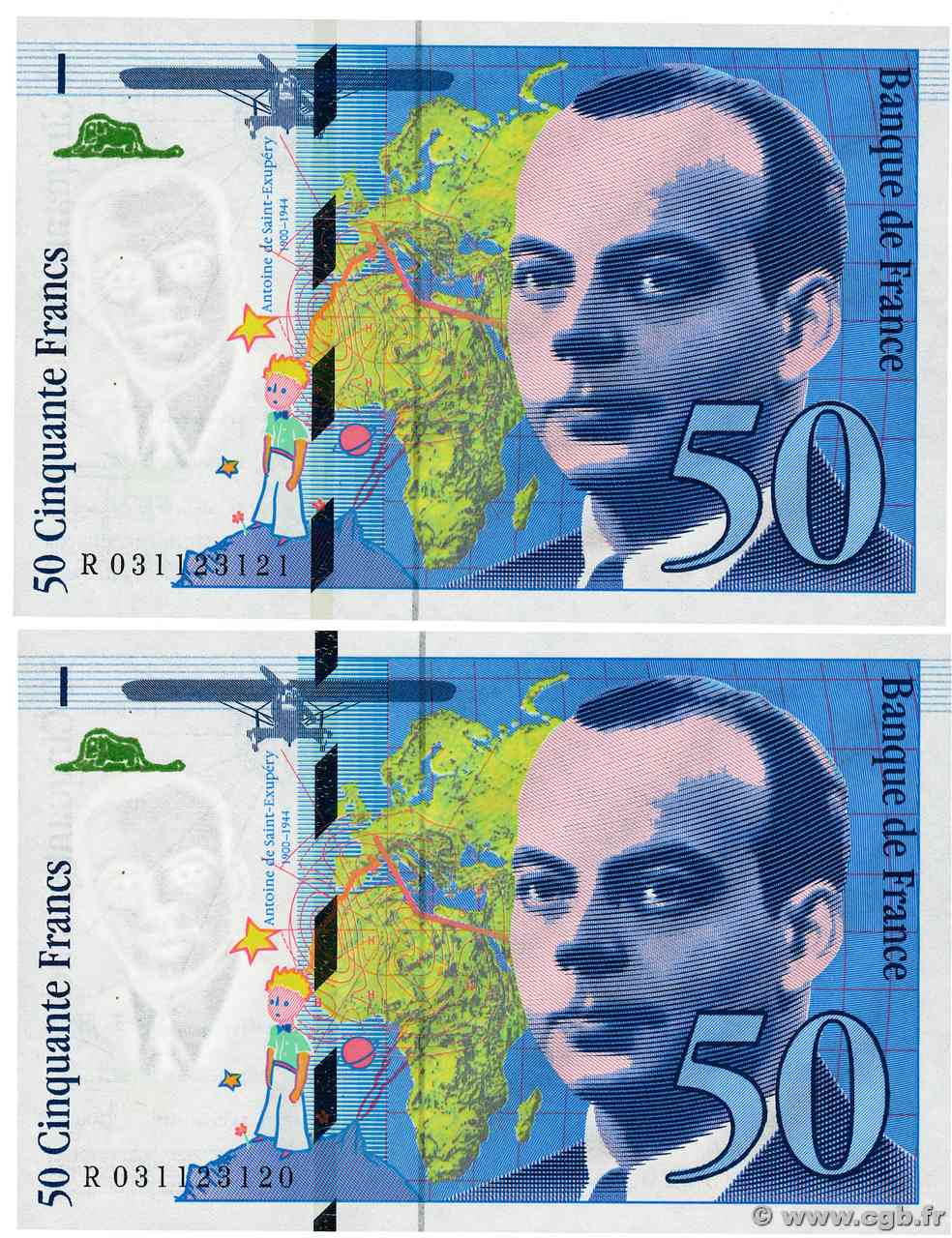 50 Francs SAINT-EXUPÉRY modifié Consécutifs FRANCIA  1997 F.73.04 FDC