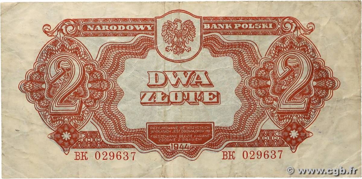 2 Zlote POLOGNE  1944 P.106 TB+