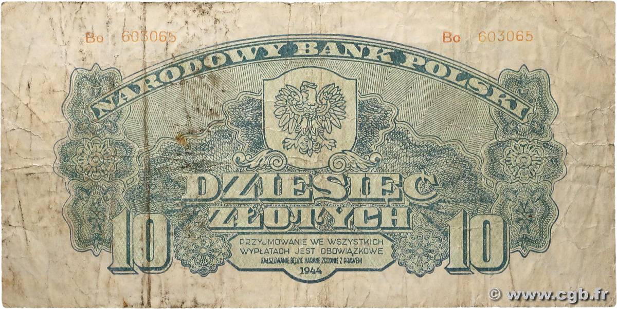10 Zlotych POLOGNE  1944 P.111a B+