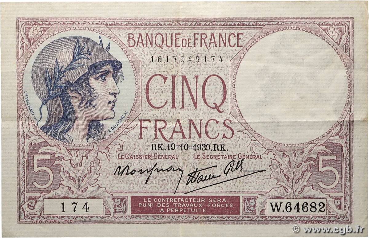 5 Francs FEMME CASQUÉE modifié FRANCE  1939 F.04.11 TTB+