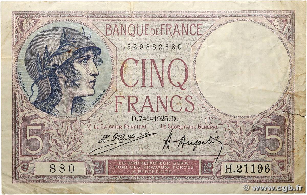 5 Francs FEMME CASQUÉE FRANCE  1925 F.03.09 TB