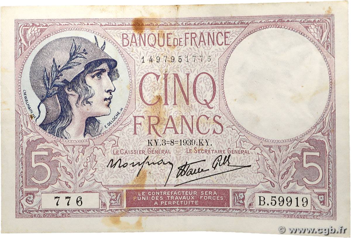 5 Francs FEMME CASQUÉE modifié FRANCE  1939 F.04.04 TTB+
