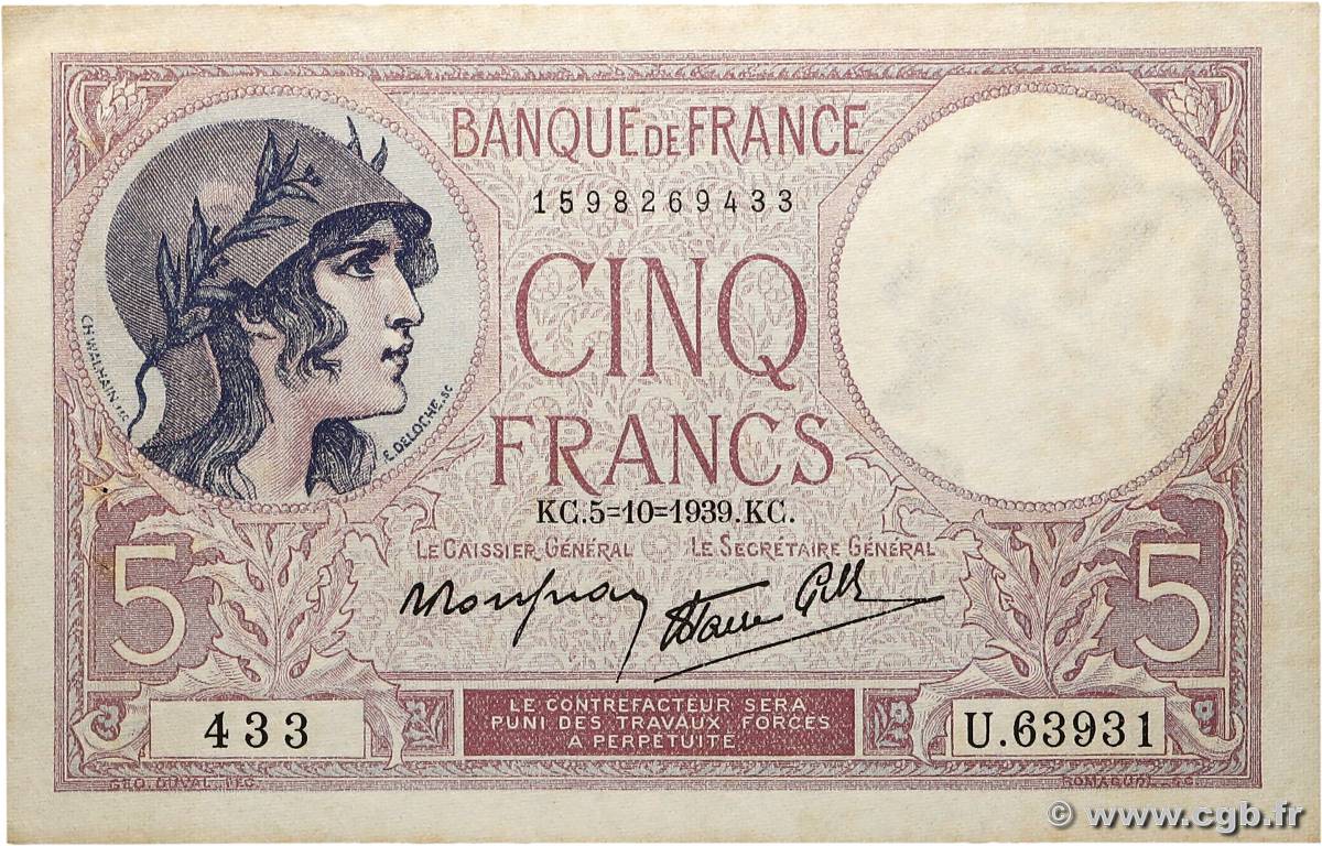 5 Francs FEMME CASQUÉE modifié FRANCIA  1939 F.04.11 SPL