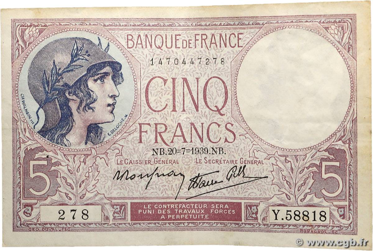 5 Francs FEMME CASQUÉE modifié FRANCE  1939 F.04.02 TTB+