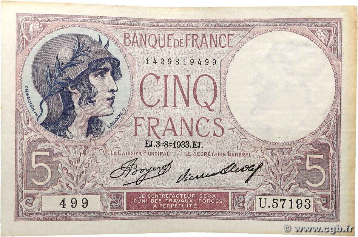5 Francs FEMME CASQUÉE FRANCE  1933 F.03.17 TTB+