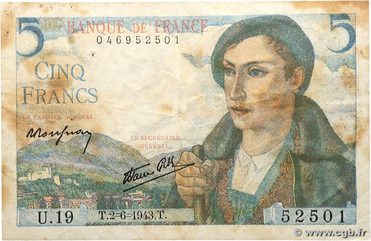 5 Francs BERGER FRANCE  1943 F.05.01 TTB