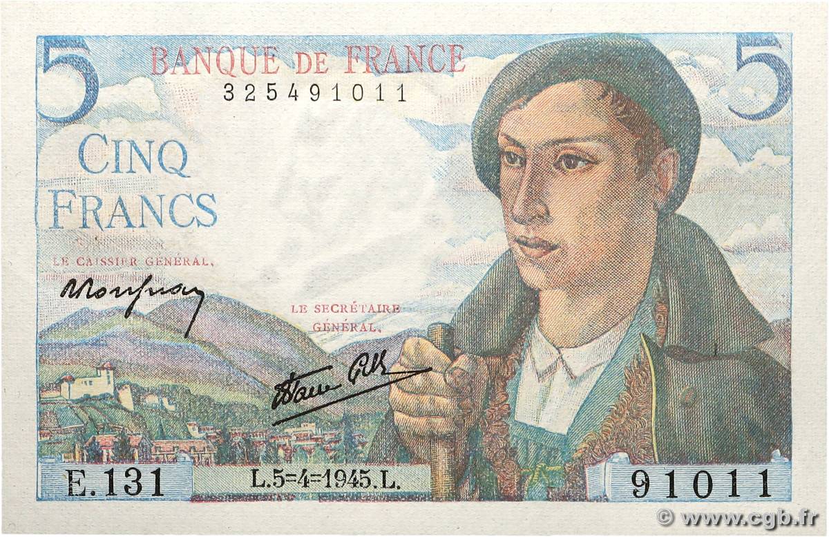 5 Francs BERGER FRANCE  1945 F.05.06 pr.NEUF