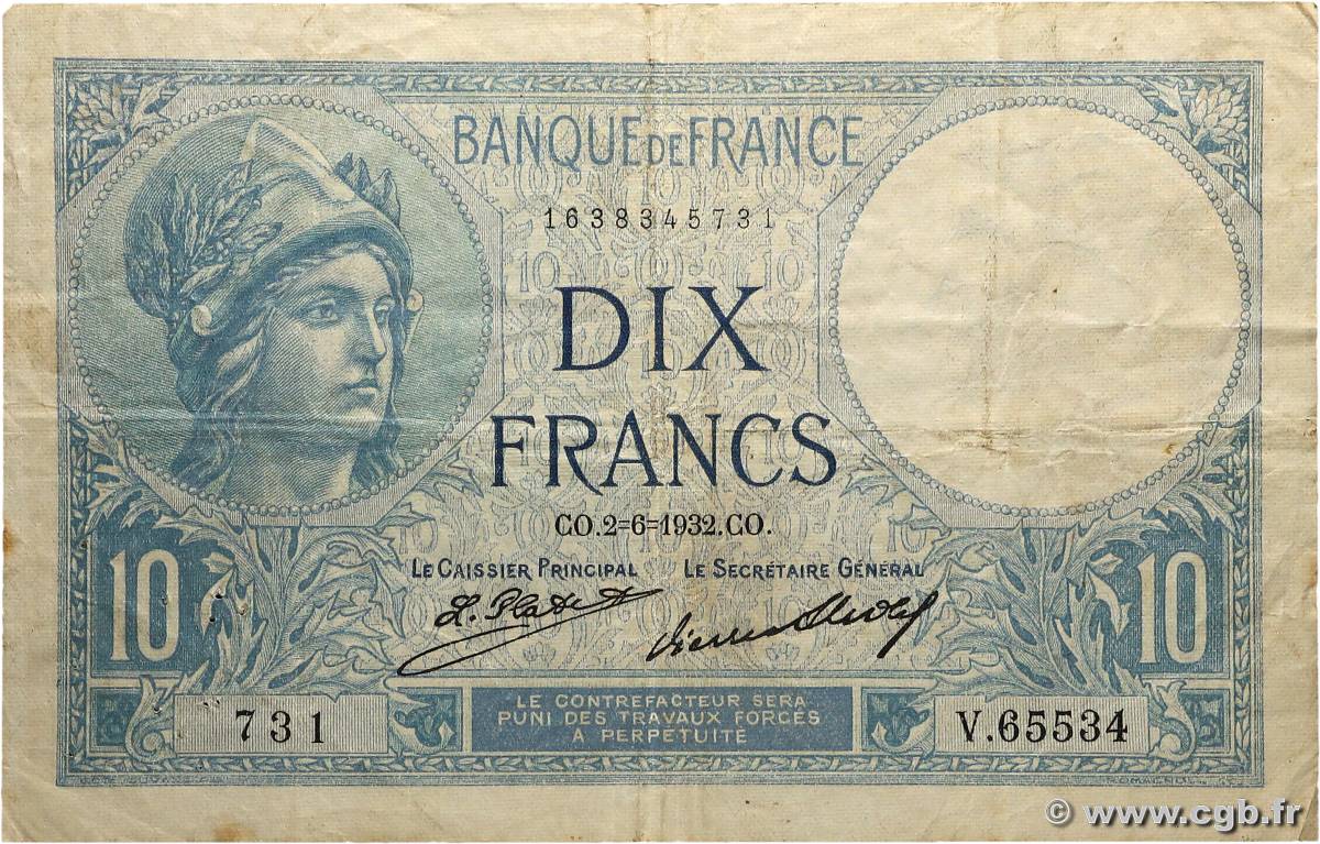 10 Francs MINERVE FRANCE  1932 F.06.16 TB