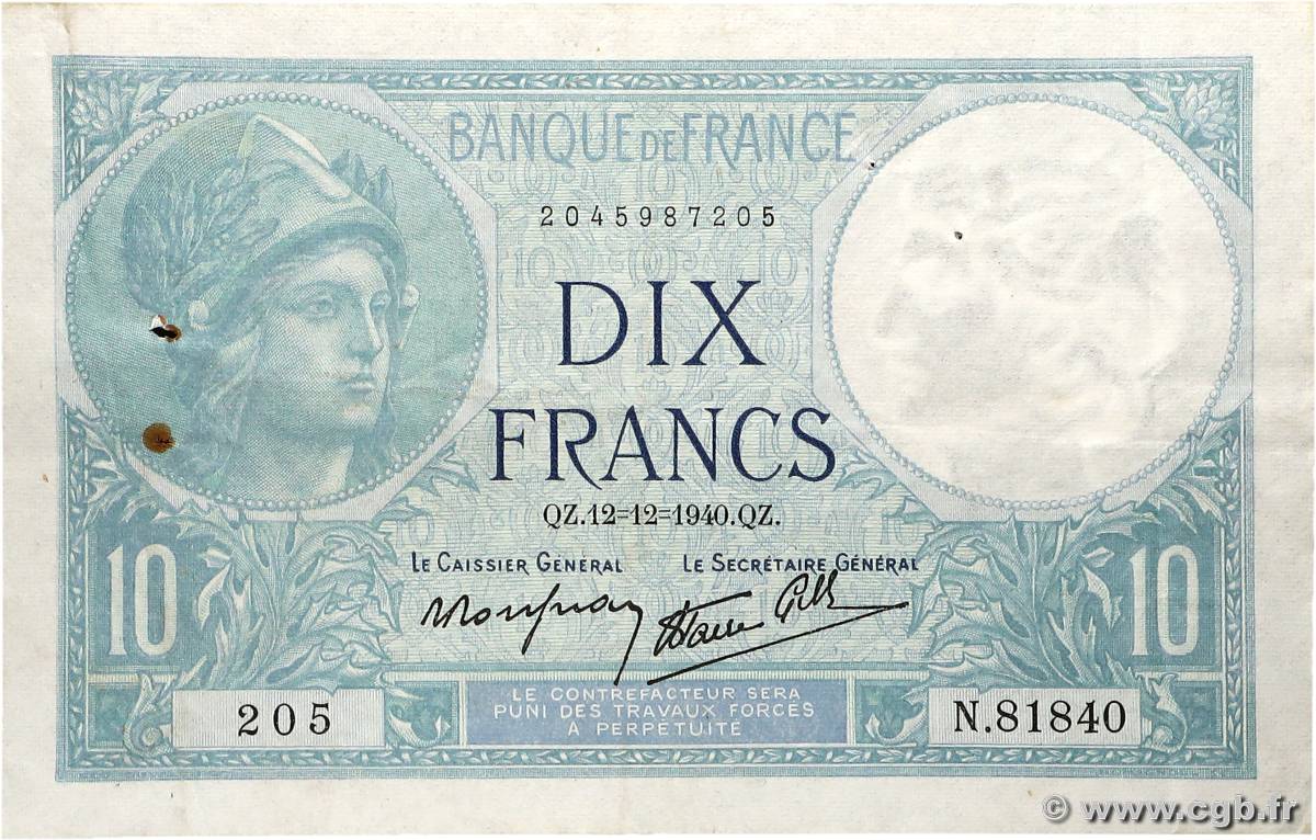 10 Francs MINERVE modifié FRANCE  1940 F.07.24 TTB+
