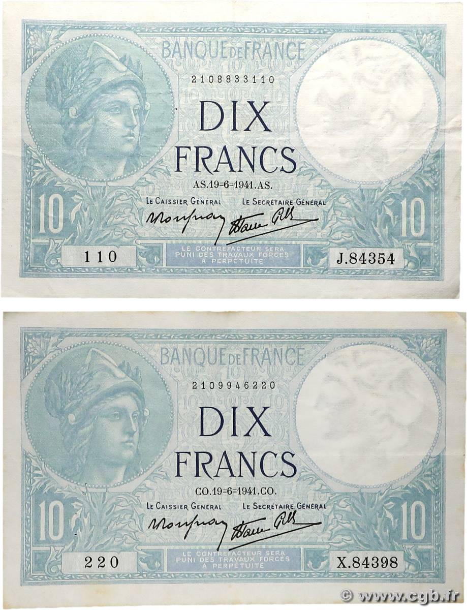 10 Francs MINERVE modifié Lot FRANCE  1941 F.07.29 TTB
