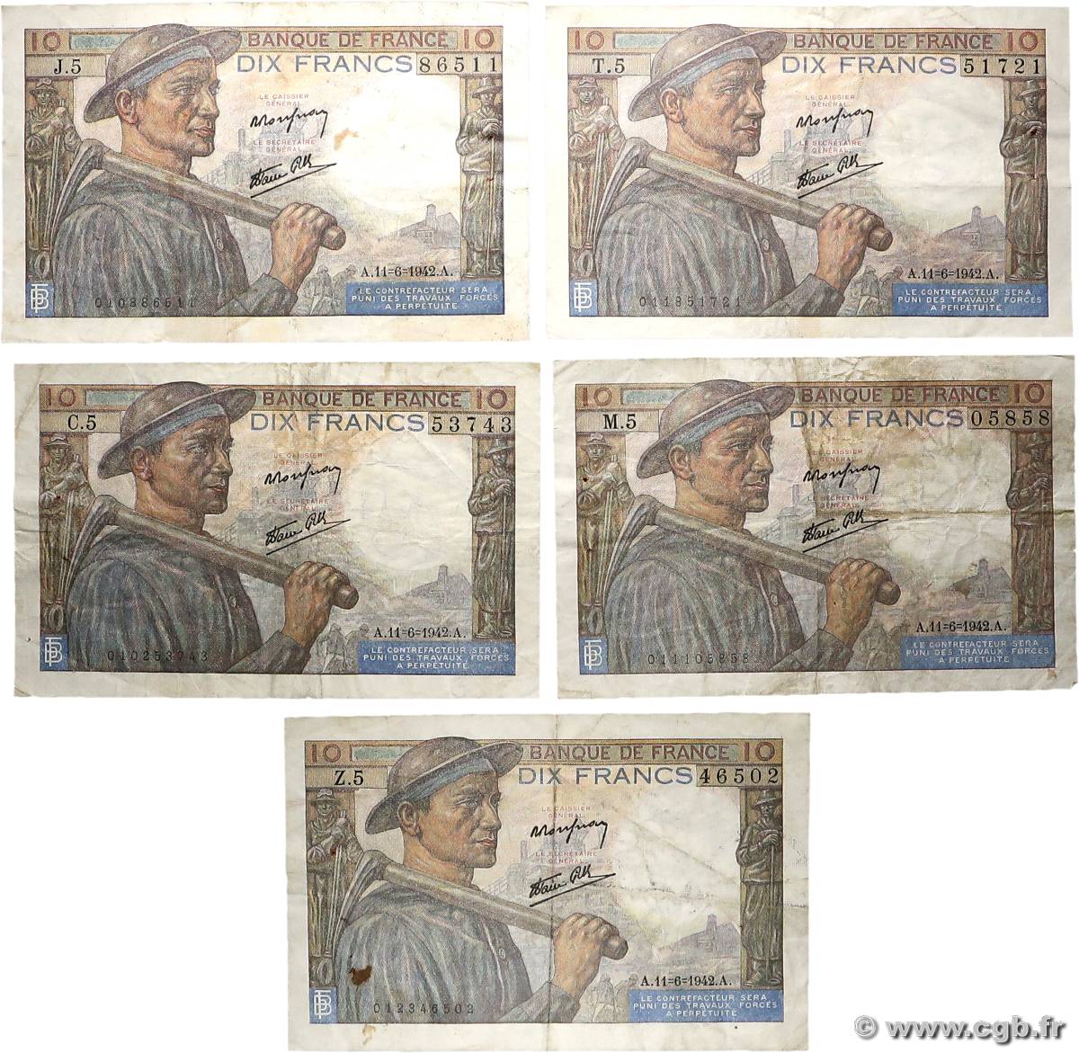 10 Francs MINEUR Lot FRANCE  1942 F.08.03 TB+