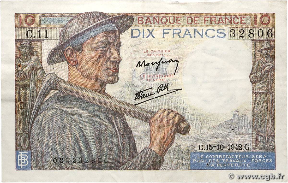 10 Francs MINEUR FRANCE  1942 F.08.04 TTB+