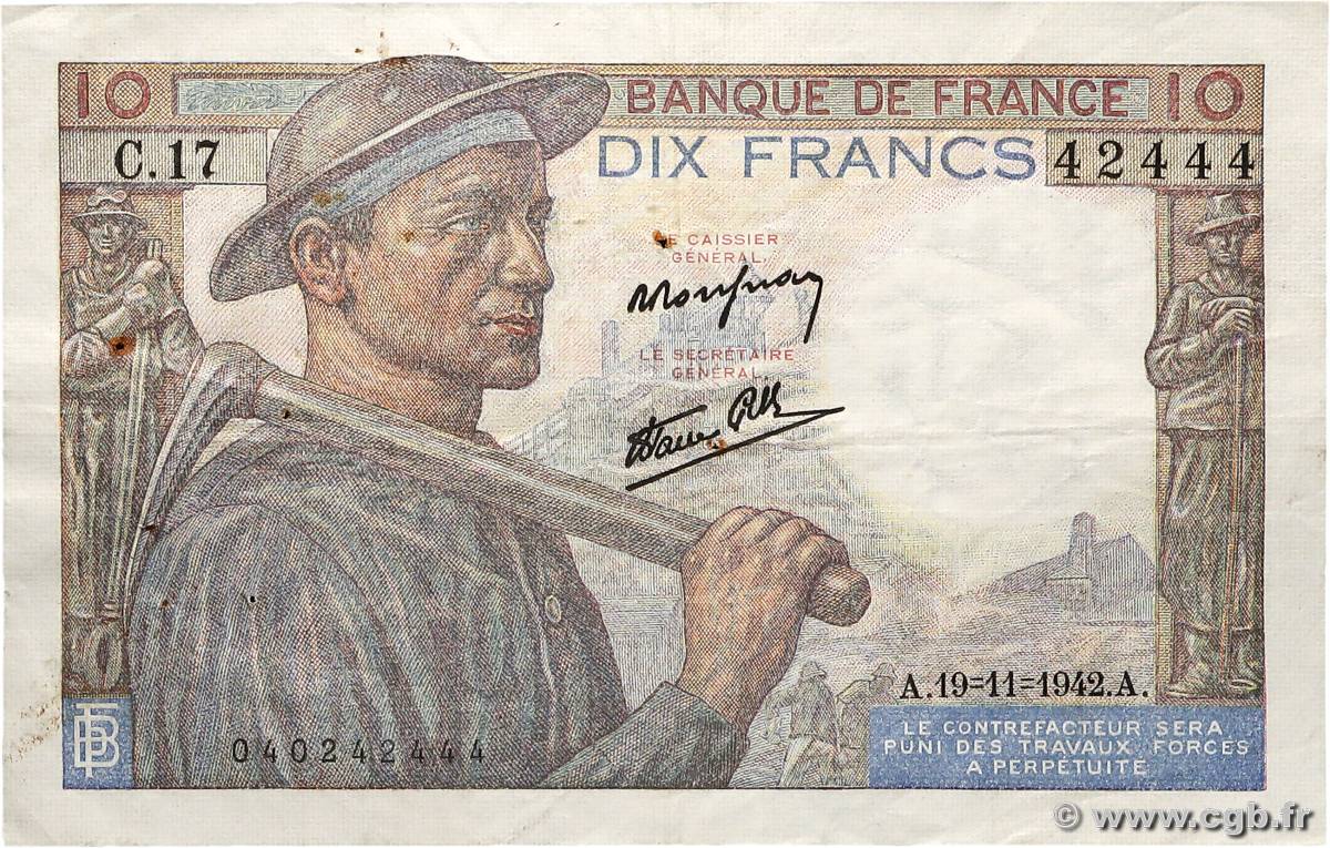 10 Francs MINEUR FRANCE  1942 F.08.05 TB+