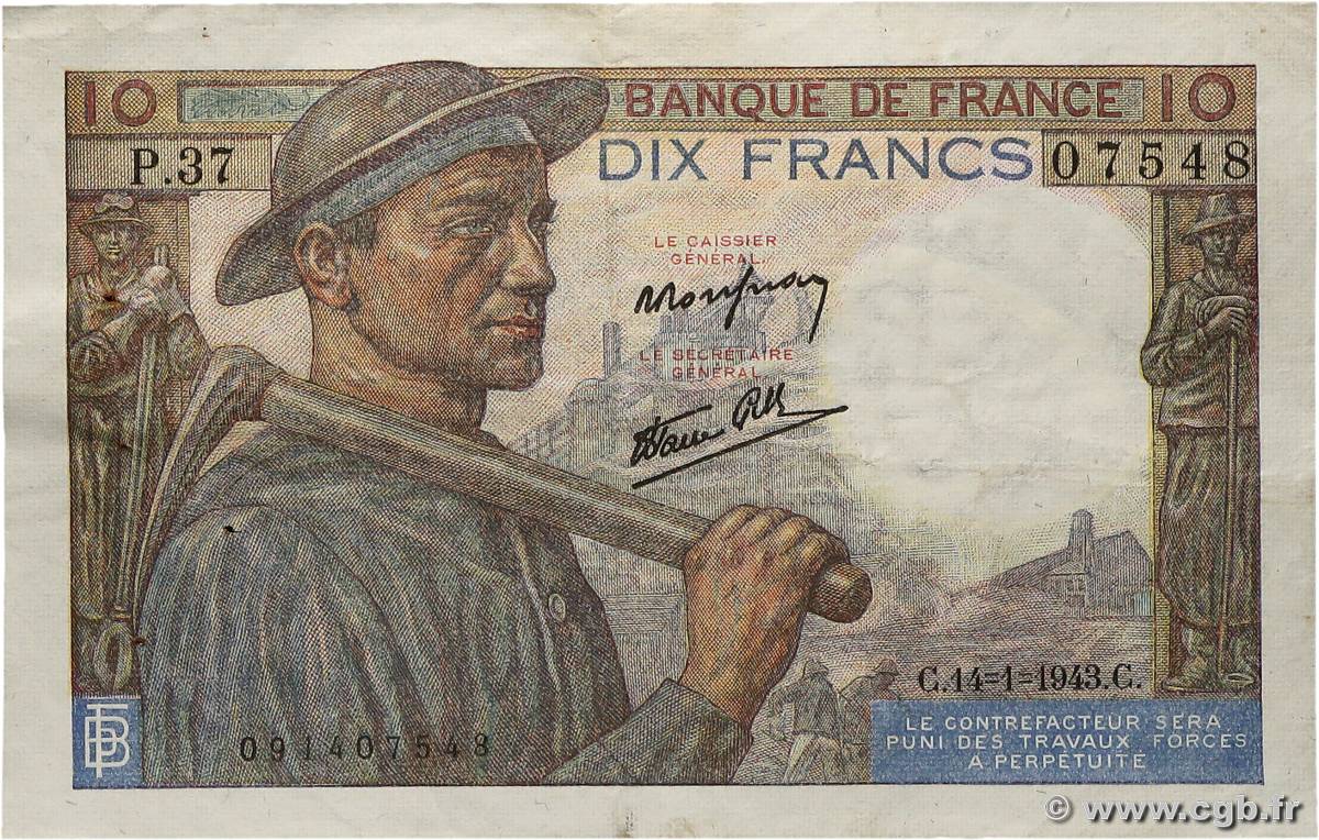 10 Francs MINEUR FRANCE  1943 F.08.07 TTB