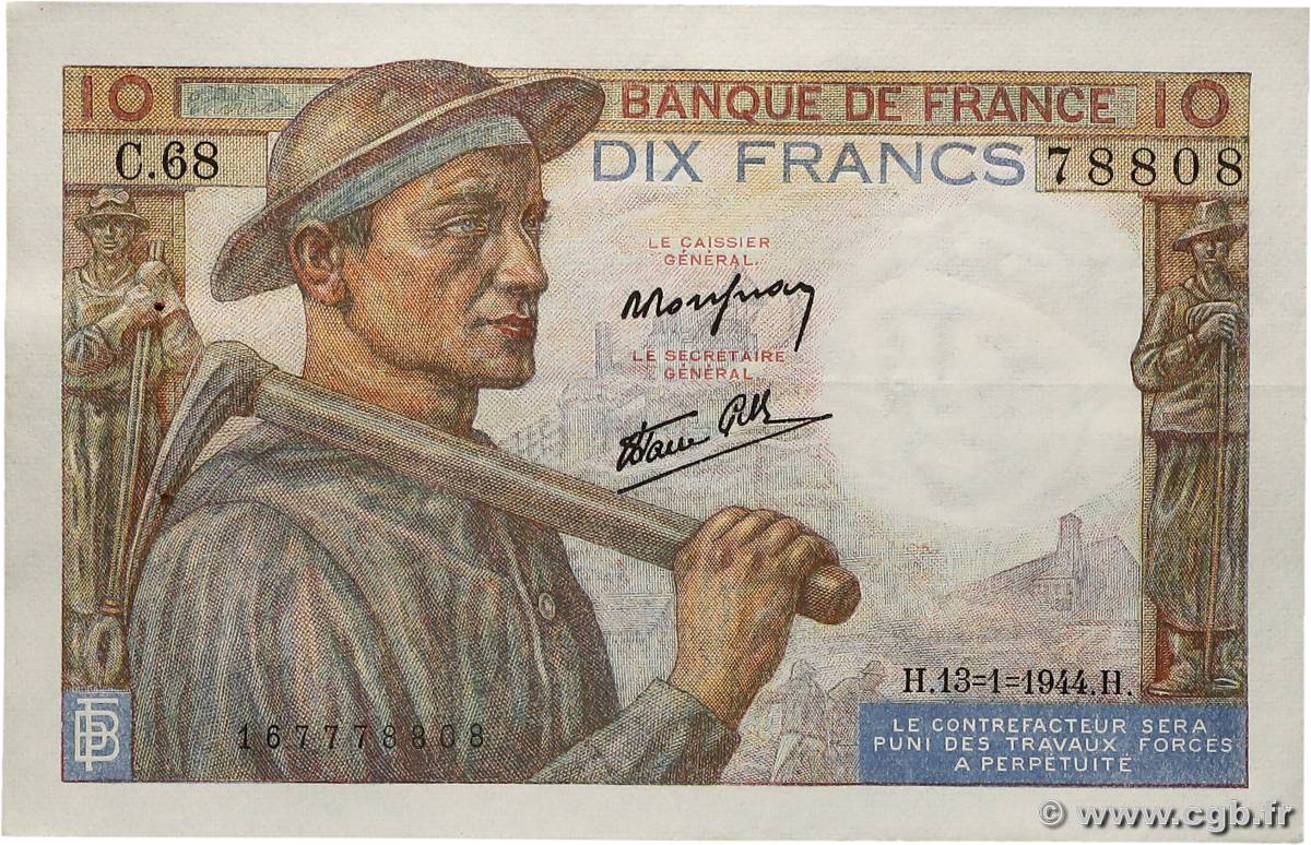 10 Francs MINEUR FRANCE  1944 F.08.10 SUP