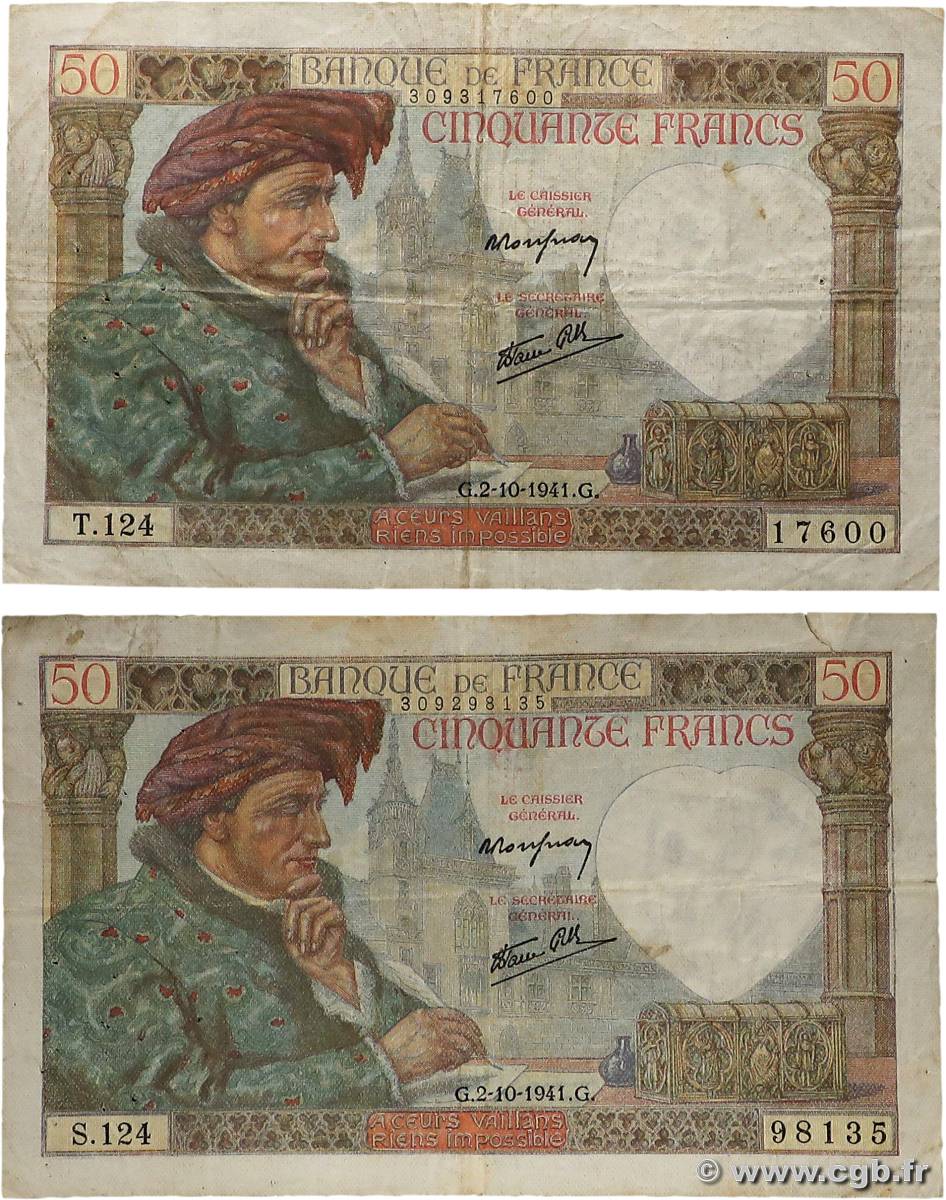 50 Francs JACQUES CŒUR Lot FRANCE  1941 F.19.15 TB