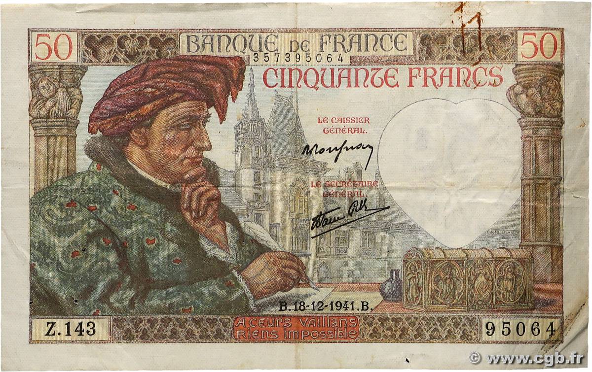 50 Francs JACQUES CŒUR FRANCE  1941 F.19.17 TTB