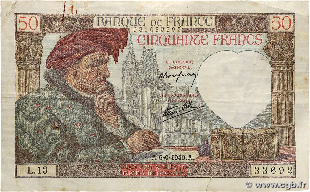 50 Francs JACQUES CŒUR FRANCE  1940 F.19.02 TTB
