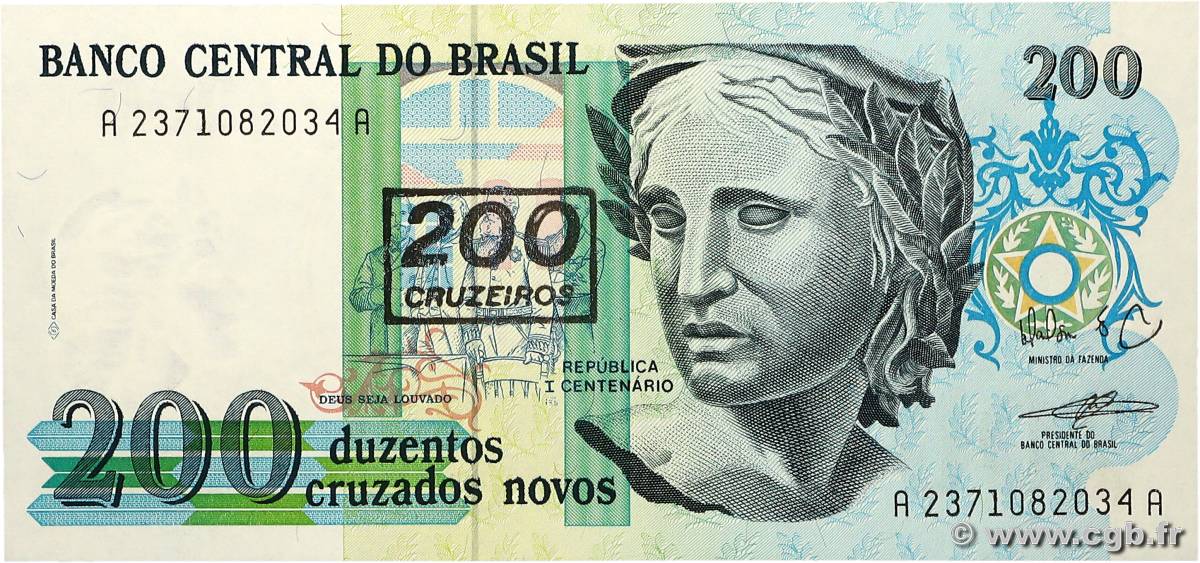 200 Cruzeiros sur 200 Cruzados Novos BRASILE  1991 P.225b FDC
