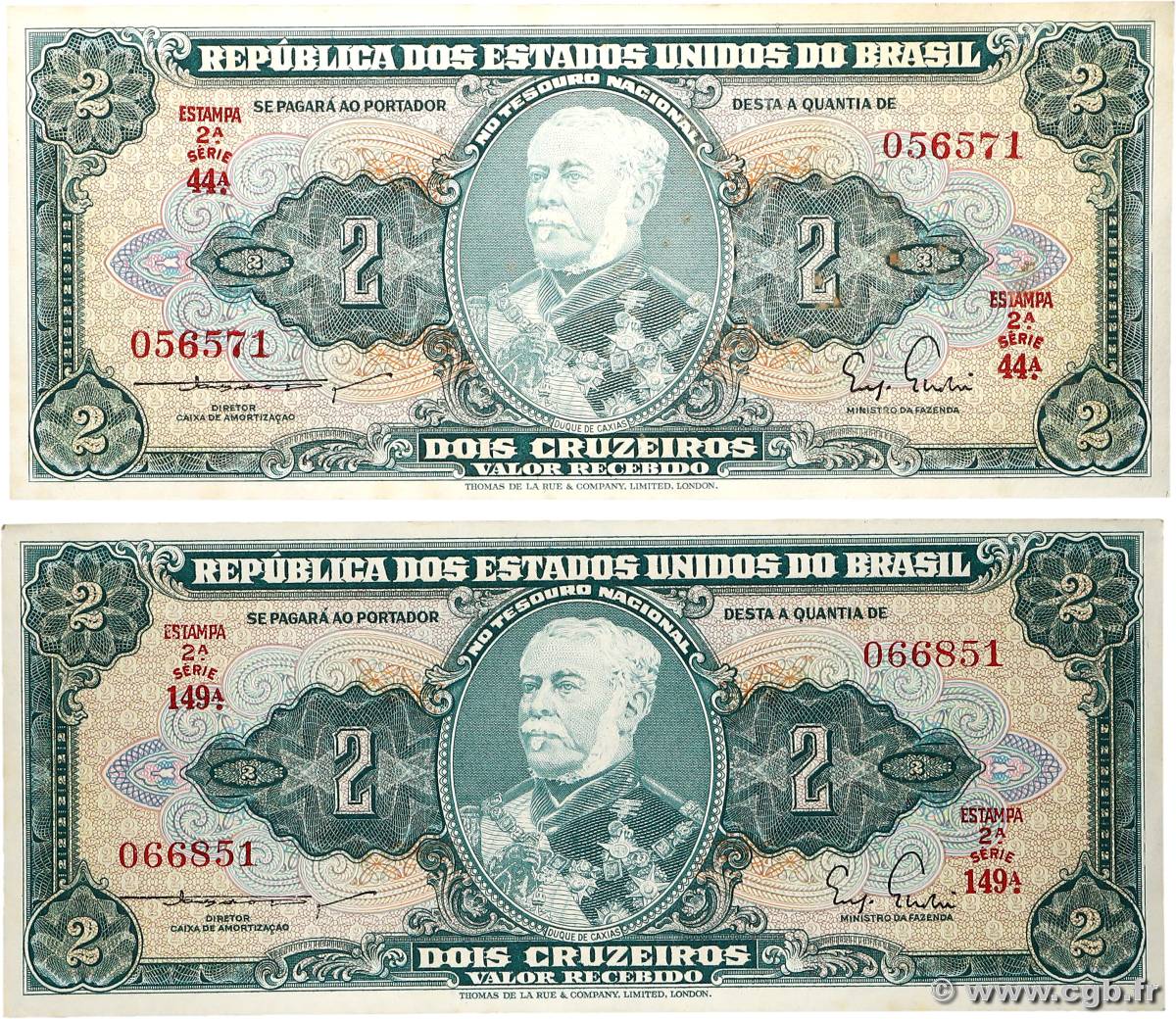 2 Cruzeiros Lot BRÉSIL  1956 P.157 SUP