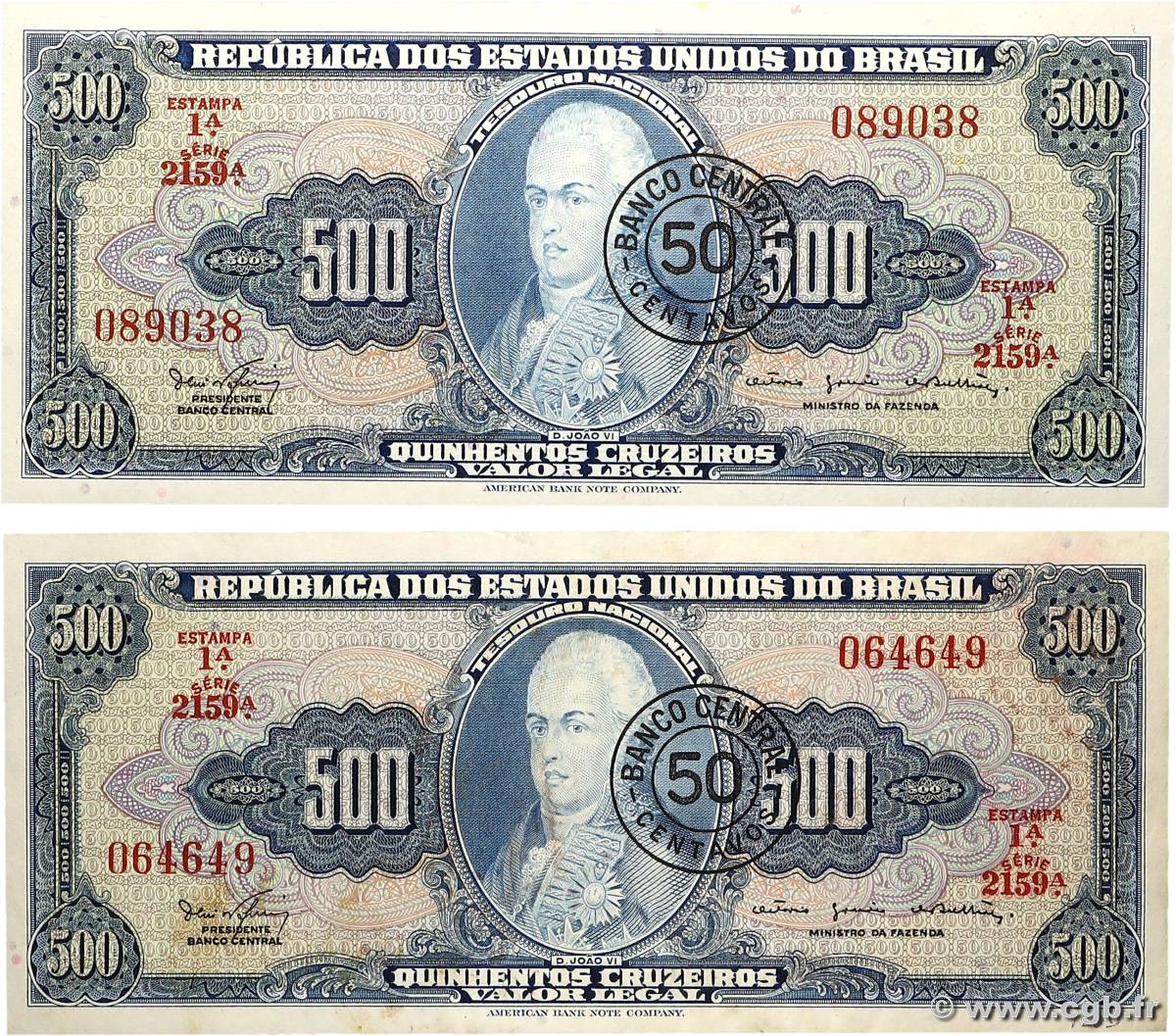 50 Centavos sur 500 Cruzeiros Lot BRÉSIL  1967 P.186a SUP+