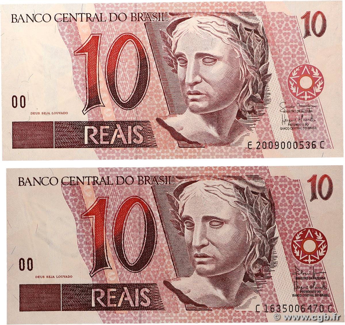 10 Reais Lot BRÉSIL  1997 P.245AG et P.245Ak pr.NEUF