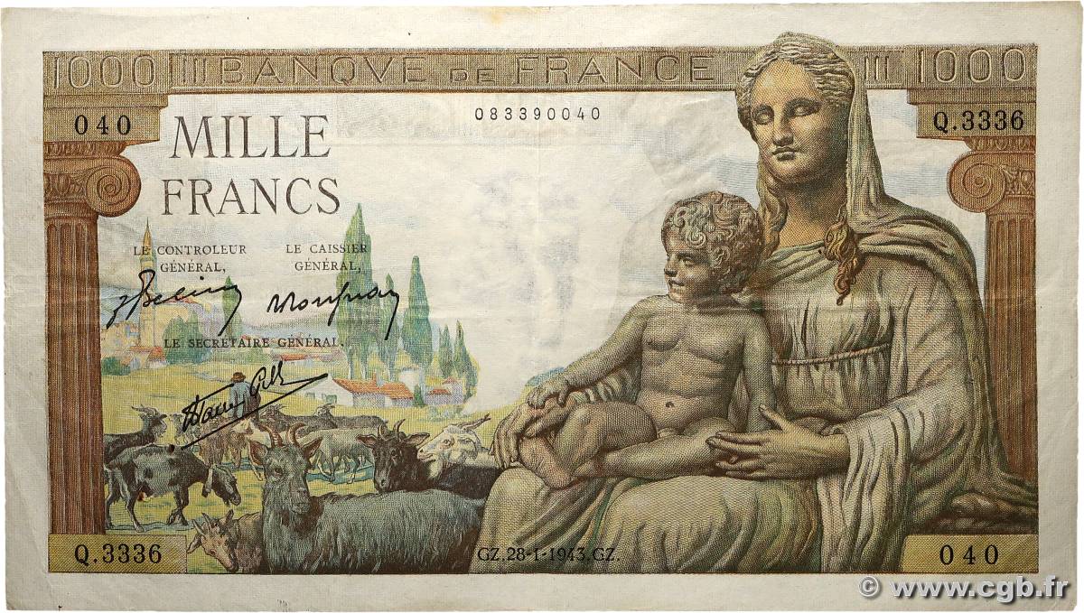 1000 Francs DÉESSE DÉMÉTER FRANCE  1943 F.40.17 TTB