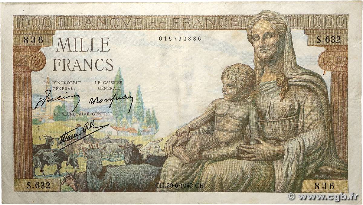 1000 Francs DÉESSE DÉMÉTER FRANCE  1942 F.40.03 TB