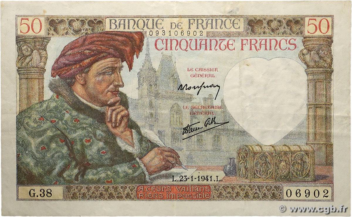 50 Francs JACQUES CŒUR FRANCE  1941 F.19.05 TTB