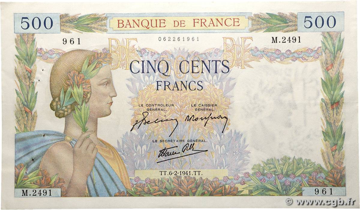 500 Francs LA PAIX FRANCE  1941 F.32.14 TTB+