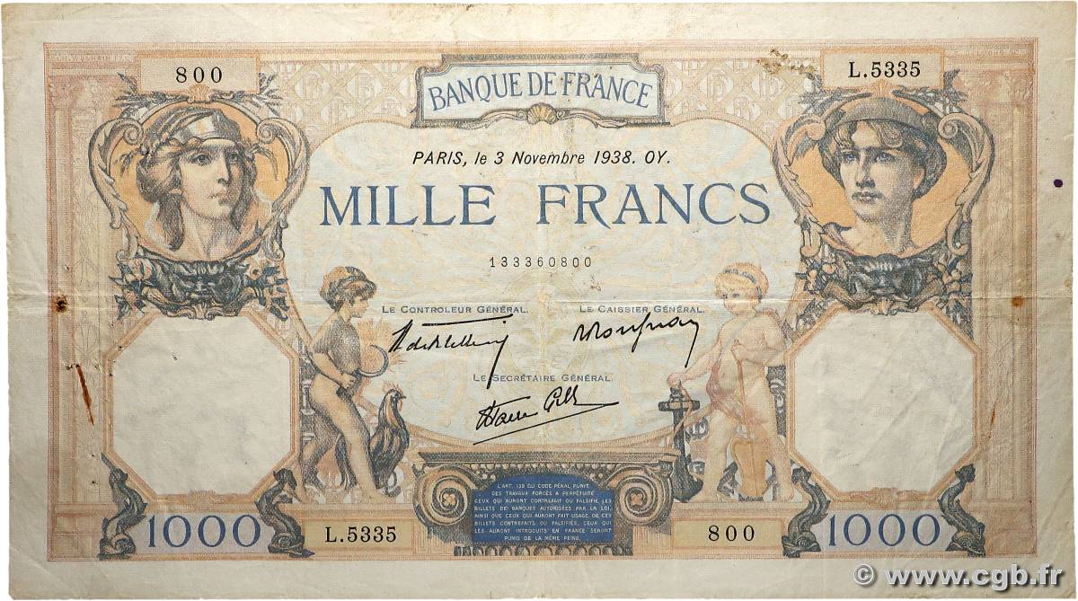 1000 Francs CÉRÈS ET MERCURE type modifié FRANCE  1938 F.38.32 TB