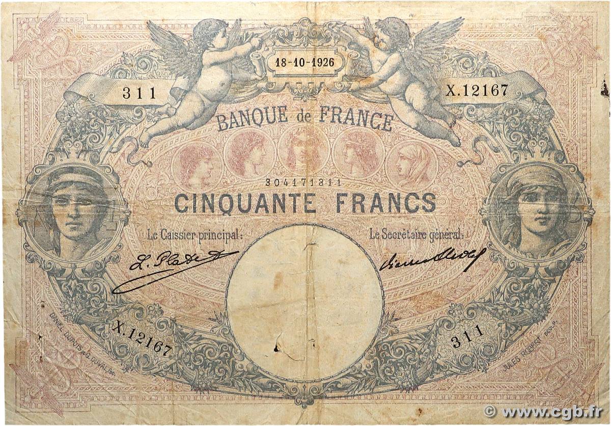 50 Francs BLEU ET ROSE FRANCE  1926 F.14.39 B+
