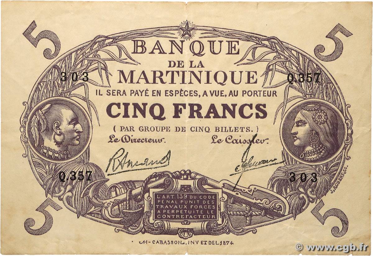 5 Francs Cabasson violet MARTINIQUE  1934 P.06 q.SPL