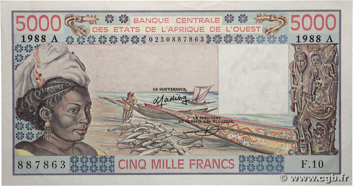 5000 Francs WEST AFRIKANISCHE STAATEN  1988 P.108Af VZ