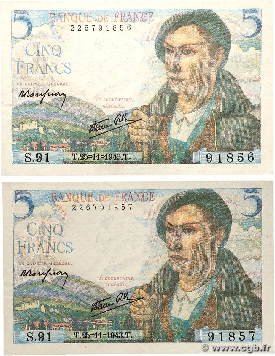 5 Francs BERGER Lot FRANCIA  1943 F.05.04 AU+