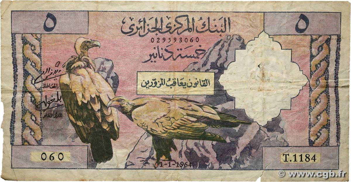 5 Dinars ALGERIA  1964 P.122b MB