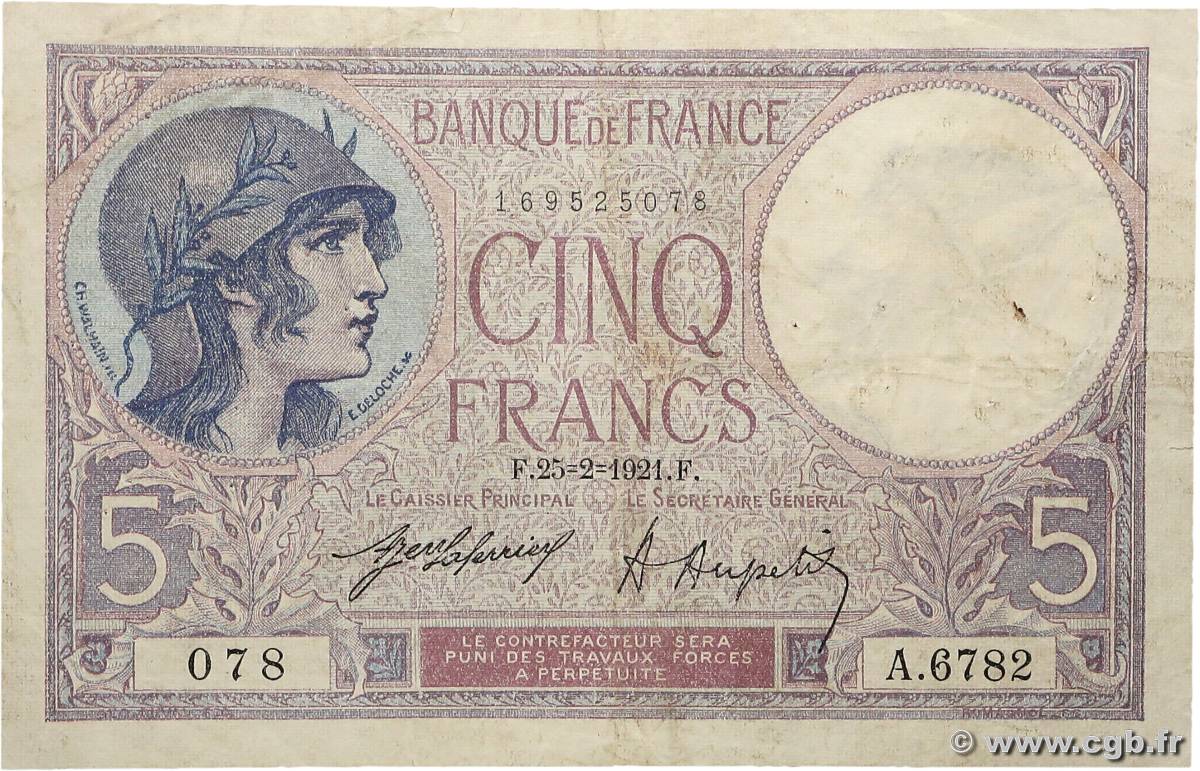 5 Francs FEMME CASQUÉE FRANCE  1921 F.03.05 F+